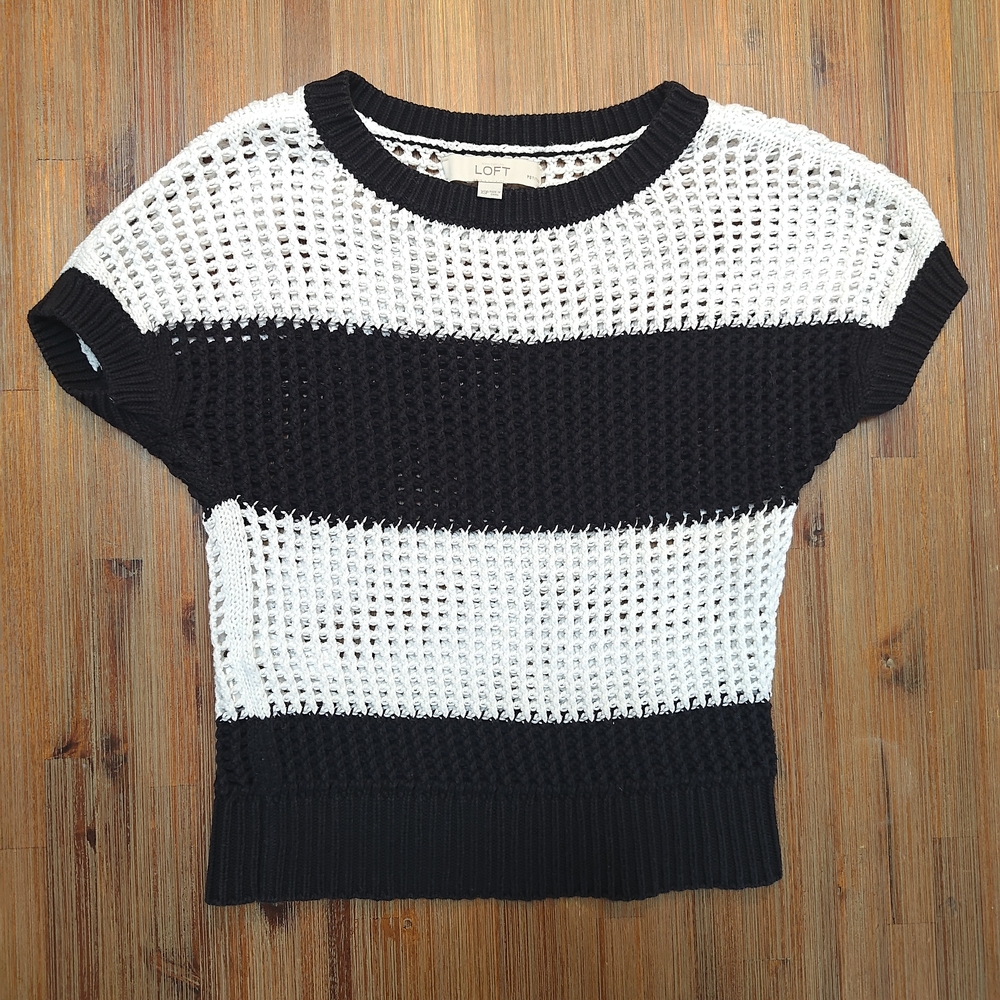 LOFT Womens Petite Extra Small Black White Stripe Cotton Sweater Nautical